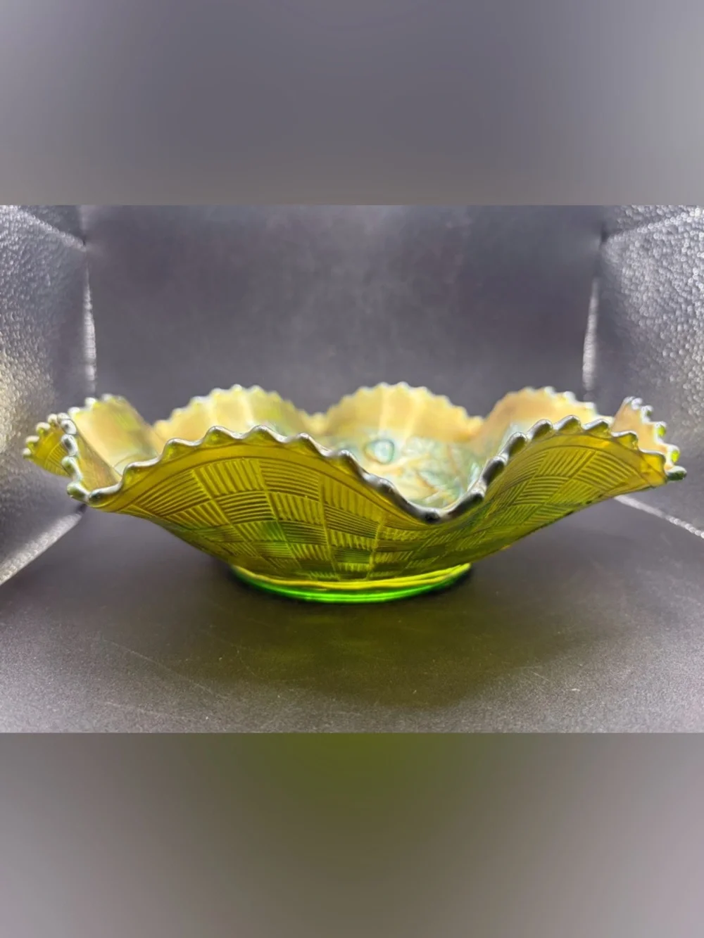 Northwood Antique Green Carnival Glass Strawberry Basketweave Ruffle Edge Bowl